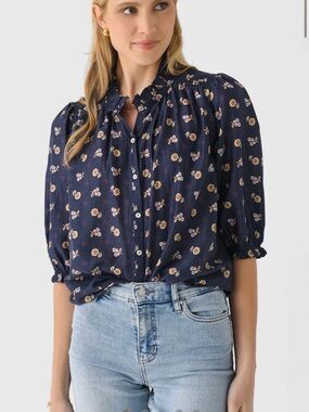 MABE Dulcie Navy Floral Ruffle-Neck Button cotton Silk Blend Blouse S
